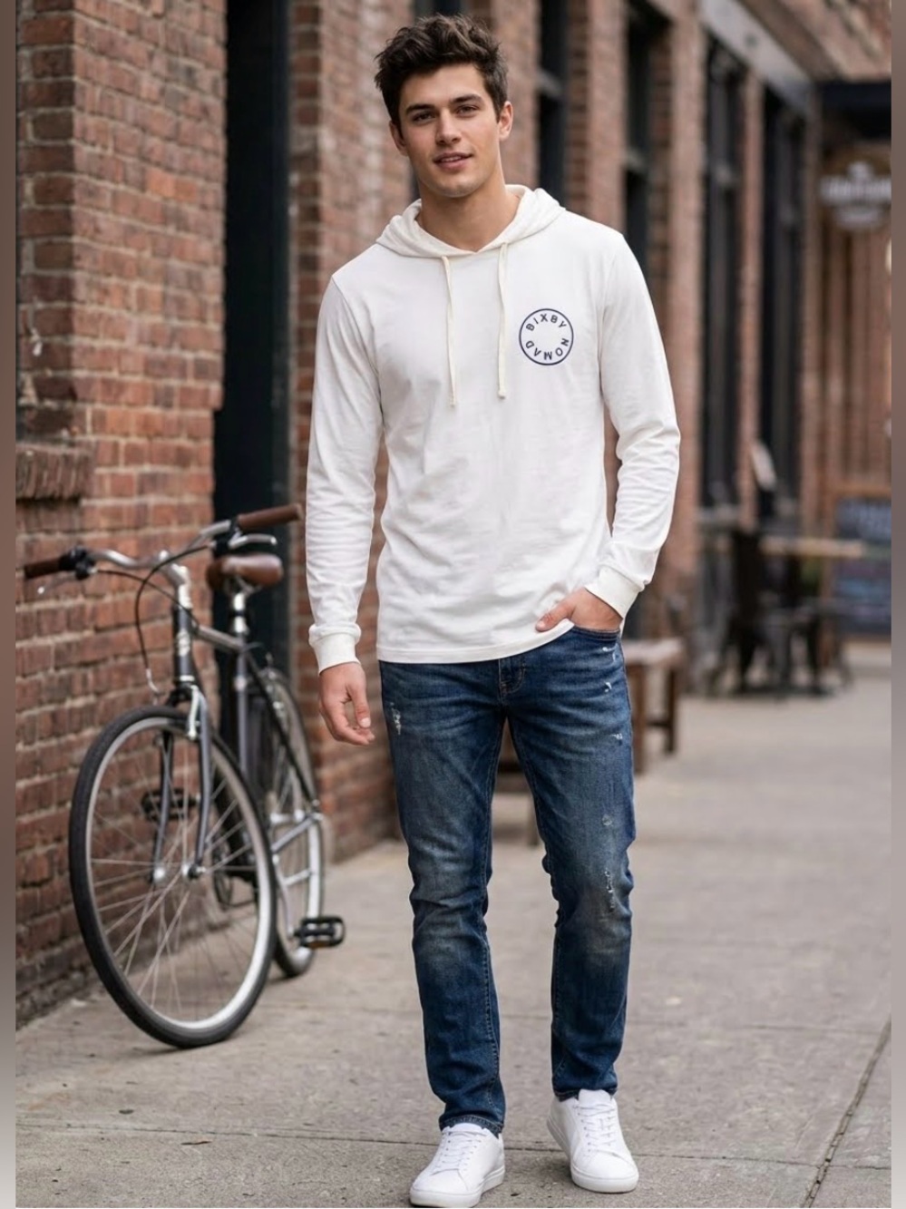 🎈Bixby Nomad White Hoodie with Navy Emblem